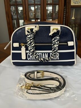 Chic Navy and White Signature Bowling Crossbody Handbag!